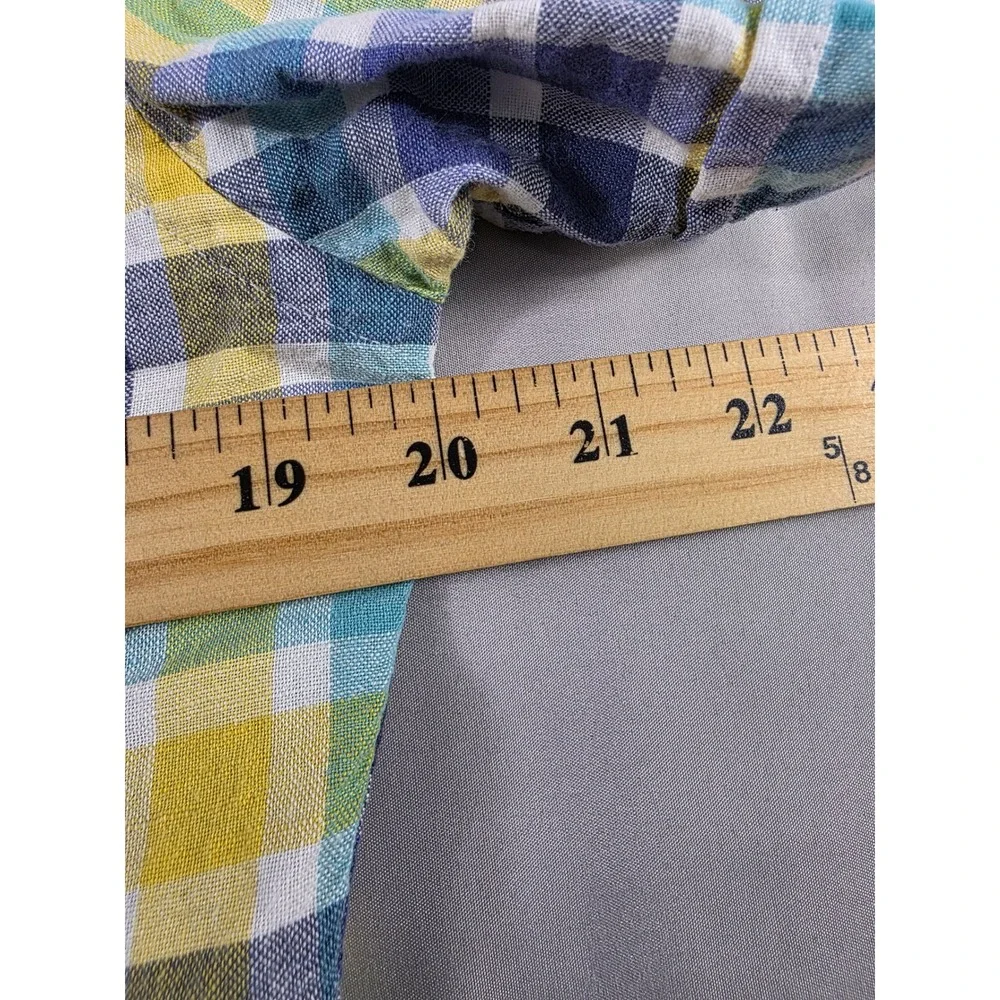 Banana Republic Linen Blend Short Sleeve Plaid Shirt Mens Small Yellow Blue